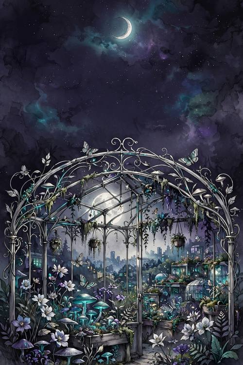 A phone wallpaper of a moonlit greenhouse under an art-nouveau arch, glowing fungi and night-blooming flowers inside, the top third kept for the clock, no text. Vertical. Violet, ink black and silver. Magical. Lunarpunk illustration: a moonlit eco-city with roof gardens and hanging plants, softly glowing fungi, moths and crescent moons, silver moonlight, violet, ink black, silver and teal glow, art-nouveau arches, an airy serif for any words, a soft painterly finish. Calm, magical and hopeful at night.