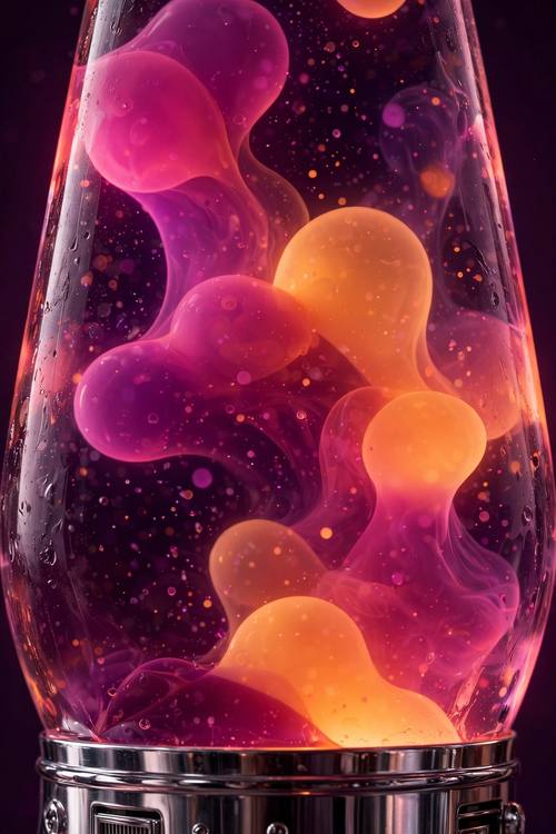 A phone wallpaper filled edge to edge with slow magenta and orange wax blobs glowing in the dark, no text. Vertical, full bleed. Magenta, orange and deep plum. Hypnotic. Lava lamp glow: slow, soft wax blobs floating and merging in glowing liquid, two warm saturated tones such as magenta and orange or lime and violet, smooth radial glow halos, a tapered glass vessel with a chrome base when the lamp is shown, rounded 1970s display lettering for any words, smooth and dreamy. Retro, warm and hypnotic.