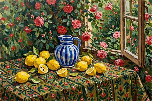 A still life of lemons, a blue-striped jug and a patterned tablecloth beside an open window with climbing roses. Straight-on, slightly high view. Lemon yellow, cobalt, rose red and deep green. Oil painting: thick, visible brushwork and canvas texture, flattened decorative space full of patterned surfaces and foliage, a bold complementary color clash, soft natural daylight, the feel of early-1900s decorative painting, intimate and warm. The painting fills the whole image edge to edge: no frame, no canvas edge, no wall.