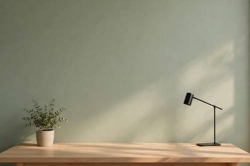 A desktop wallpaper of a quiet minimalist workspace: a wooden desk, a small plant and a lamp against a sage green wall, soft afternoon light, lots of empty wall space.