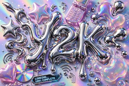 Y2K chrome aesthetic, liquid metal typography and shapes, sparkles, iridescent plastic textures, early 2000s tech vibe
