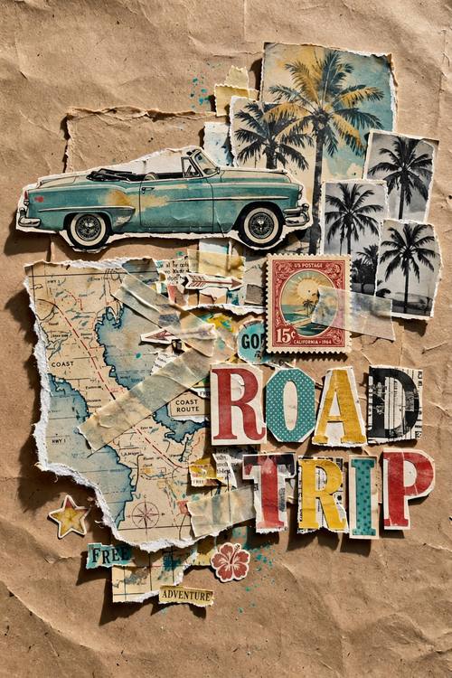 A collage about a summer road trip: a cut-out vintage convertible, a torn piece of map, faded palm tree photos, a postage stamp and the cut-out magazine letters 'ROAD TRIP'. Overhead, pieces overlapping toward the center. Teal, sun yellow and faded red on kraft. Free and adventurous. Mixed-media paper collage photographed flat from above: torn paper edges with white fibers, cut-out black-and-white and faded color photo pieces, strips of translucent masking tape, small stickers, ransom-style words cut from magazines, layers casting small real shadows, a kraft paper backdrop. Handmade, tactile and a little messy.
