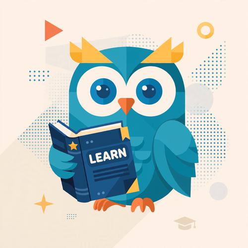 Playful owl mascot holding a book, modern flat illustration, education brand, clean geometric shapes