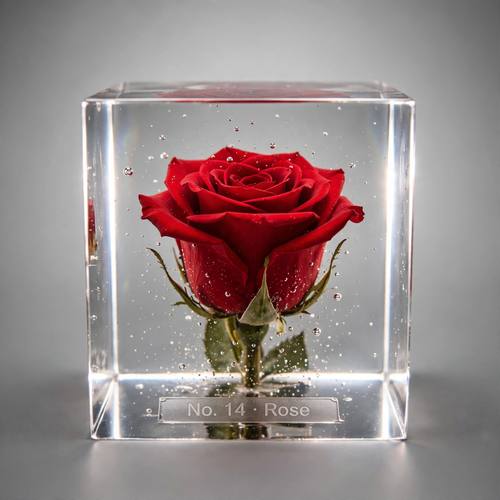 A clear resin cube holding a perfect red rose, light glowing at the edges, the engraved label 'No. 14 · Rose' on its base. Eye level, centered. Red, clear and soft gray. Precious. Resin-cast specimen photo: objects suspended inside a clear polished resin block, light refracting at the block's edges, crisp bevel highlights, tiny trapped air bubbles, a soft studio gradient backdrop, a small engraved-style label on the base. Precious and precise.