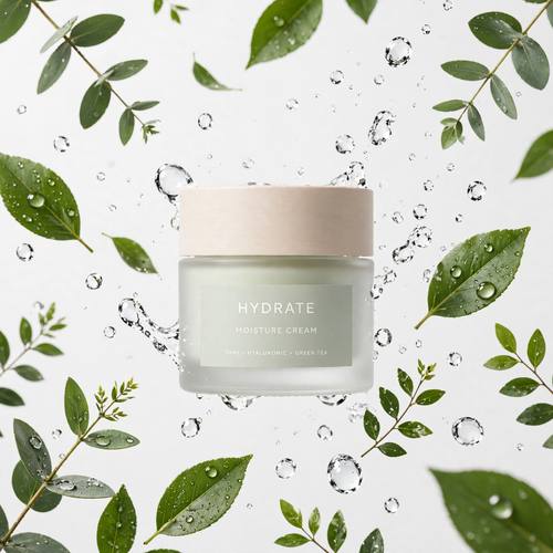 Minimal skincare jar surrounded by floating water droplets and green leaves, clean studio light, fresh premium beauty product shot