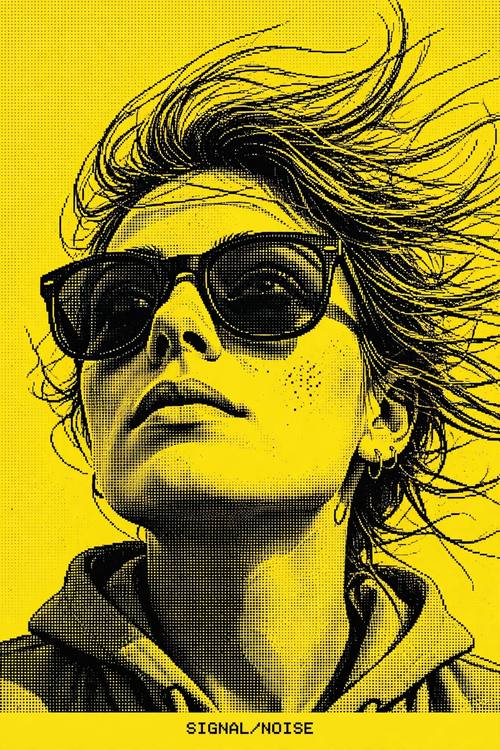 A portrait of a woman in sunglasses looking up, her hair blowing, the small caption 'SIGNAL/NOISE' at the bottom. Close-up from slightly below. Black on acid yellow. Cool and graphic. 1-bit dithered image: a photo converted to an ordered Bayer dither in only two flat colors, the tones built from tiny visible square dither dots, no grays, no gradients, crisp pixels, a small monospace caption, stark graphic contrast. Digital, lo-fi and poster-like.