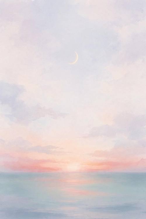 A phone wallpaper: a soft pastel sunset over a calm sea with a thin crescent moon, lots of empty sky at the top for the clock, dreamy and minimal.