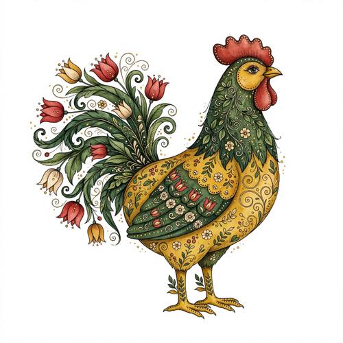 A proud rooster whose tail is made of curling leaves and tulips. Cherry red, deep green, mustard and cream, with gold accents. Decorative folk-art illustration: delicate ink outlines, smooth watercolor-style fills with soft shading, forms filled with ornamental flowers, leaves and curling filigree, a scatter of tiny gold dots, crisp clean edges, detailed but uncluttered, set alone on plain white with no smudges or splatter.