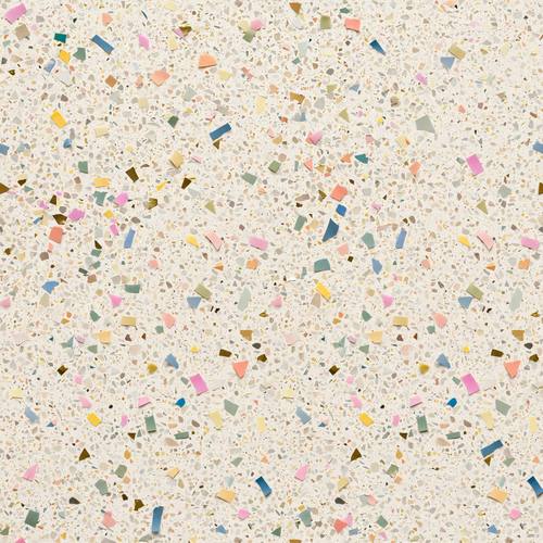 Seamless terrazzo texture, scattered confetti chips on warm off-white, flat top-down, evenly distributed, tileable