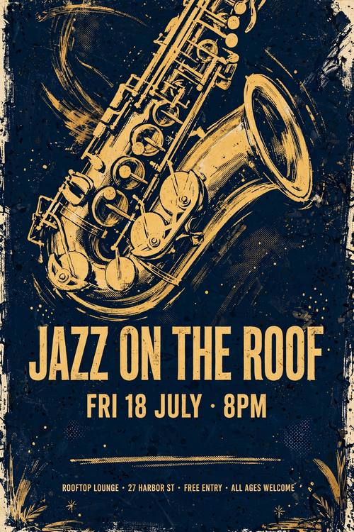 Poster for a summer jazz night: a saxophone drawn in loose expressive brush strokes, a big headline 'JAZZ ON THE ROOF', the date 'FRI 18 JULY · 8PM' beneath it, a small venue line at the bottom, deep navy and warm gold, textured screen-print feel.
