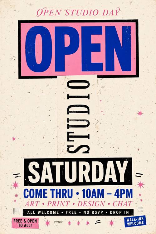 A story post announcing an open studio day: the words 'OPEN', 'STUDIO' and 'SATURDAY' stacked down the screen in clashing typefaces, one boxed, one rotated, one white on black. Vertical, packed. Cobalt, black and pink on cream. Busy and fun. Typographic collage: type only, no pictures; the words mix four to six typefaces and weights (heavy condensed sans, elegant serif italic, monospace, script), some words boxed in solid rectangles, some rotated, outlined or set white on black, tightly packed like a poster wall, a limited palette of two or three colors, flat printed paper. Loud and editorial, every word clearly legible.