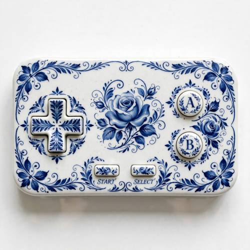 A classic retro game controller made entirely of painted porcelain, a single rose in the center and leafy borders around the buttons. Overhead view, centered. Cobalt blue on glossy white. Playful and precious. Gzhel blue-and-white porcelain: cobalt blue hand-painted brushwork on glossy white glaze, flowing roses, leaves and curling tendrils shaded light to dark within each brushstroke, fine painted line borders, the whole object made of porcelain as if it were a piece of tableware; clean product photo on white with soft reflections.