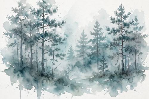 Loose watercolor painting of a foggy pine forest, soft washes of teal and grey, wet-on-wet bleeds, white paper showing through