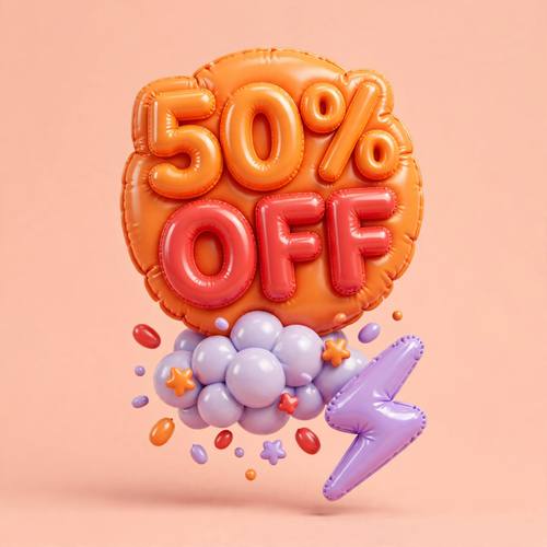 A puffy inflated badge reading '50% OFF', floating above a little cloud of inflated confetti and a puffy lightning bolt. Three-quarter view, centered. Tangerine, cherry red and lilac on a peach backdrop. Bouncy and fun. Inflated 3D render: puffy, balloon-like glossy shapes and lettering that look blown up with air, soft rounded seams, glossy plastic highlights, bright candy colors, soft studio light with gentle shadows, a plain pastel backdrop, centered. Glossy and bouncy, not matte clay.