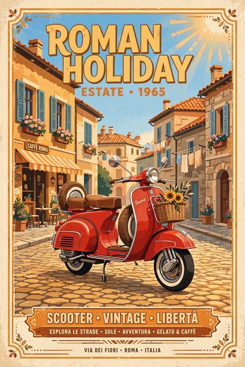 Retro poster of a red vintage scooter on a cobbled European street, flat illustration, sunny nostalgic palette