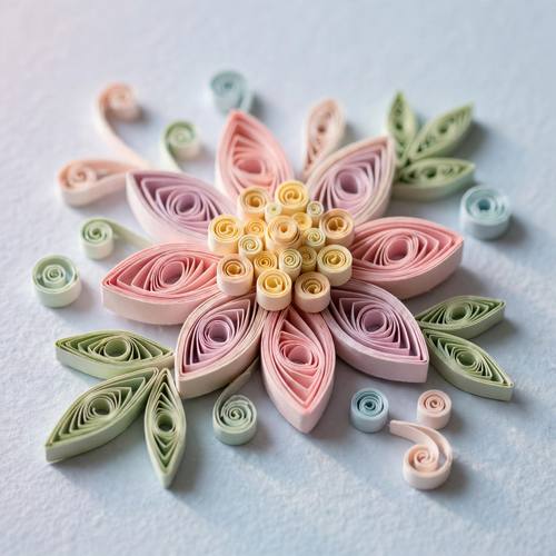 Paper quilling flower on a pastel background, rolled paper strips, intricate coils, soft shadows, delicate handmade craft