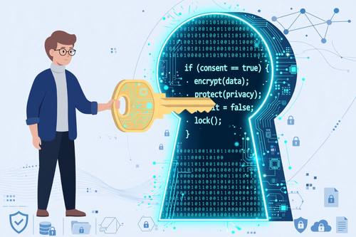 Conceptual illustration of data privacy, a person locking a giant keyhole made of glowing code, flat vector, editorial