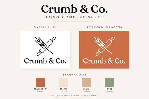 A logo concept sheet for a bakery called 'Crumb & Co.': a simple emblem of a wheat stalk crossed with a rolling pin, the wordmark in a friendly rounded serif, shown in black on white and again reversed out of terracotta, with a small strip of brand colors underneath. Clean brand presentation layout.