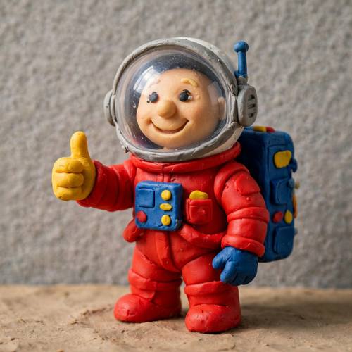 Clay figure of a smiling astronaut giving a thumbs up, handmade plasticine, bold primary colors, stop-motion character