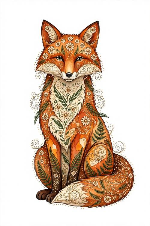 A fox sitting upright, its fur patterned with daisies, ferns and filigree swirls. Burnt orange, forest green, cream and gold. Decorative folk-art illustration: delicate ink outlines, smooth watercolor-style fills with soft shading, forms filled with ornamental flowers, leaves and curling filigree, a scatter of tiny gold dots, crisp clean edges, detailed but uncluttered, set alone on plain white with no smudges or splatter.