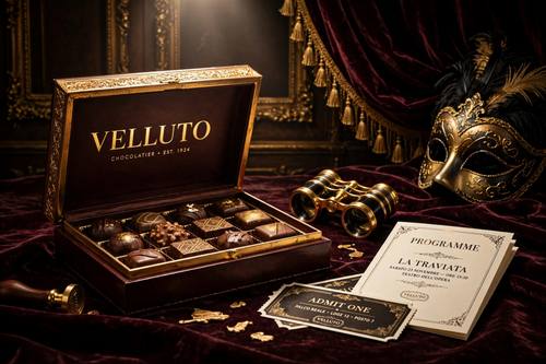 A box of chocolates for a chocolatier called 'Velluto': an oxblood box with a gilded frame on the lid, open to show the chocolates, resting on velvet beside a pair of opera glasses. Low side angle, spotlight from above. Oxblood, gold and black. Indulgent. Opera house glamour: deep oxblood velvet curtains with gold fringe, gilded ornate frames, masquerade masks, programs and tickets in an elegant layout, high-contrast Didone serif type, oxblood, gold and black, warm theatrical spotlight, rich velvet and gilt textures. Dramatic and luxurious.
