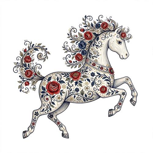 A prancing horse like a painted wooden toy, its body and mane filled with roses and swirling vines. Red, navy, ivory and gold. Decorative folk-art illustration: delicate ink outlines, smooth watercolor-style fills with soft shading, forms filled with ornamental flowers, leaves and curling filigree, a scatter of tiny gold dots, crisp clean edges, detailed but uncluttered, set alone on plain white with no smudges or splatter.