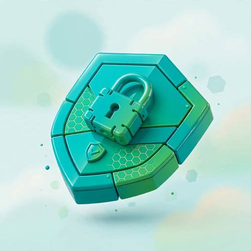 Isometric 3D security shield and lock, teal and green gradients, glossy plastic material, floating on a soft background
