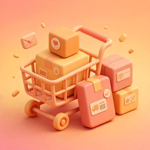 Isometric 3D shopping cart and boxes for an e-commerce app, warm gradient colors, rounded shapes, soft render