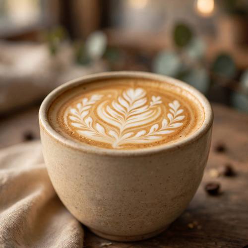 Artisan latte with delicate leaf latte art in a ceramic cup, soft cafe light, cozy close-up, warm tones