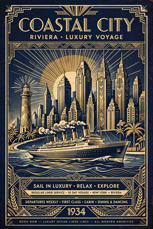 Art deco travel poster of a coastal city skyline, elegant geometric lines, gold and navy, luxury 1930s ocean liner vibe