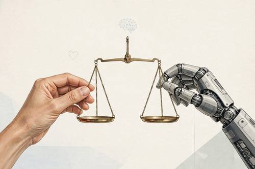 Editorial illustration of artificial intelligence ethics, human and robot hands balancing a scale, minimal, thoughtful tone