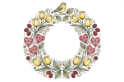 A symmetrical wreath of tulips, hearts and berries with a small bird perched at the top. Raspberry, sage, butter yellow and gold. Decorative folk-art illustration: delicate ink outlines, smooth watercolor-style fills with soft shading, forms filled with ornamental flowers, leaves and curling filigree, a scatter of tiny gold dots, crisp clean edges, detailed but uncluttered, set alone on plain white with no smudges or splatter.