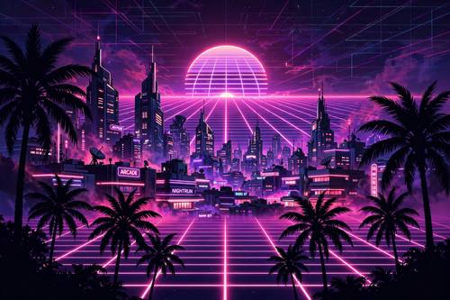 Synthwave city at night, neon grid horizon, purple and pink glow, retro 80s sci-fi, palm trees silhouettes