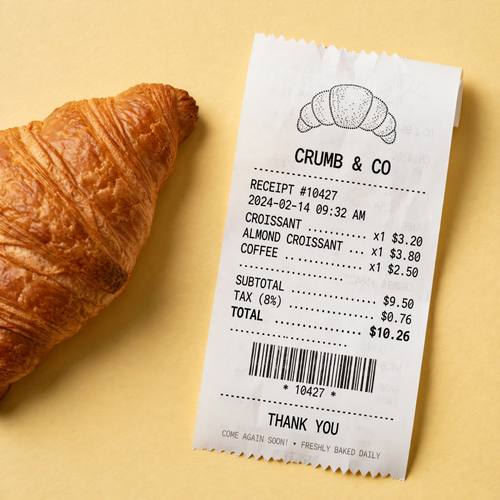 A receipt from a bakery called 'Crumb & Co' with a croissant drawn in dots at the top and the line 'THANK YOU' at the bottom, lying beside a real croissant. Overhead. White receipt on a butter-yellow surface. Cheerful. Thermal receipt design: a strip of white thermal paper with zigzag torn ends, black monospace capital type, dotted divider lines, itemized lines with prices, a barcode as decoration, a slight curl and faint gray print fade, photographed on a plain colored surface with a soft shadow. Clean, witty and minimal.