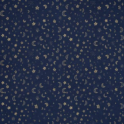 Seamless hand-drawn line pattern of tiny stars and moons, gold on navy, whimsical celestial wallpaper, evenly tiled