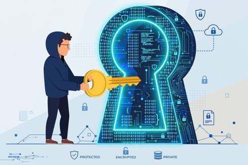 Conceptual illustration of data privacy, a person locking a giant keyhole made of glowing code, flat vector, editorial