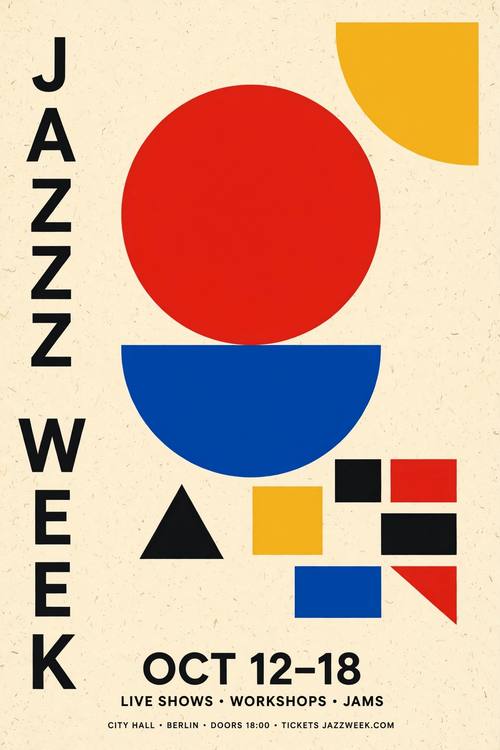 A concert poster: a big red circle and a blue half circle stacked to suggest a trumpet bell, a yellow quarter circle in one corner, the words 'JAZZ WEEK' set vertically along the left edge. Straight on, the shapes filling two-thirds of the page. Red, mustard yellow, cobalt and black on cream. Rhythmic and bold. Bauhaus geometric poster: flat circles, half circles, quarter circles, triangles and rectangles in primary red, yellow and blue with solid black, on warm cream paper, arranged on a clear grid with bold asymmetric balance, a bold geometric sans-serif in black, crisp flat edges, a faint printed paper grain. No gradients, no shading, no 3D.