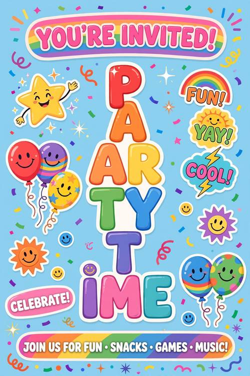 A party invitation with the bubble letters 'PARTY TIME' stacked down the screen, balloons, a smiling star, sticker badges and confetti. Vertical. Rainbow colors on sky blue. Bouncy and bright. Kidcore graphic: primary and rainbow color blocks, chunky rounded bubble lettering, toy-package shapes like starbursts and rounded badges, squiggles, confetti, smiley faces and sticker badges, flat bright colors with soft white outlines and no black offset shadows, a playful layout. Bright, nostalgic and happy.