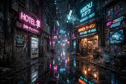 Cyberpunk rain-soaked alley at night, glowing neon signs, reflections on wet pavement, cinematic sci-fi mood