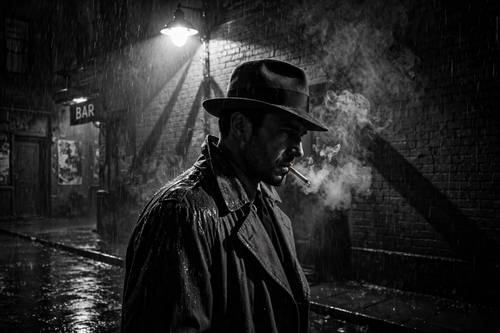 Film noir detective under a streetlight in the rain, black and white, hard shadows, smoke, dramatic contrast