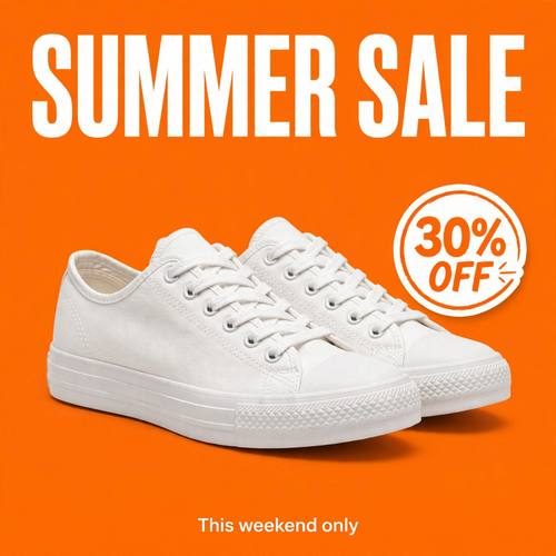 A bold sale ad for a pair of white canvas sneakers: the product on a bright tangerine background with a soft shadow, a huge white headline 'SUMMER SALE', a round sticker reading '30% OFF', and a small line 'This weekend only' at the bottom. Clean, punchy, modern retail ad.