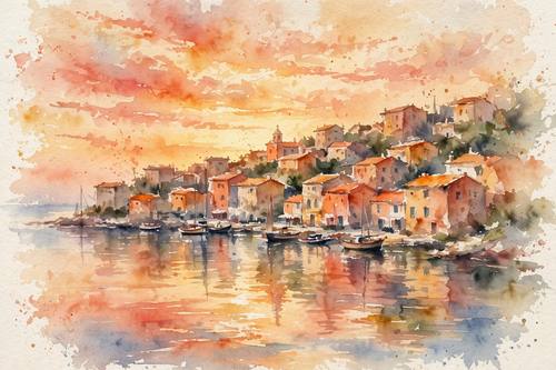 Watercolor coastal town at sunset, warm ochre and coral washes, loose impressionistic buildings, soft reflections