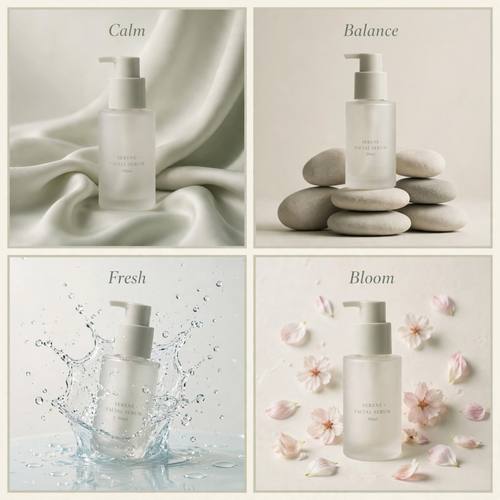 A four-panel ad campaign in a 2x2 grid for a frosted glass skincare bottle, the same product in each panel in a different minimal set: draped silk, stacked smooth stones, a splash of water, scattered petals. Each panel has a small elegant serif title at the top: 'Calm', 'Balance', 'Fresh', 'Bloom'. Soft studio light, muted sage and cream palette, premium editorial look.