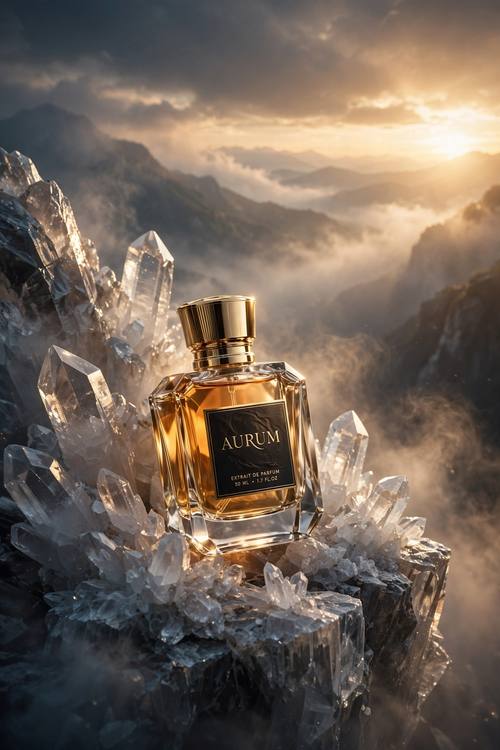 Luxury perfume bottle on a crystal cliff at golden hour, cinematic product photography, dramatic light, mist, premium mood