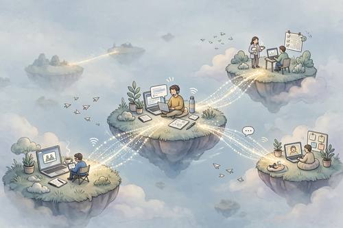 Editorial illustration of remote work and connection, tiny people on floating islands linked by bridges of light, calm palette
