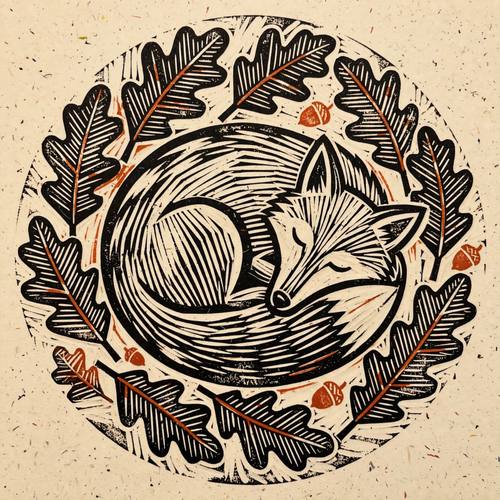 A fox curled asleep among oak leaves, seen from above in a tight circular composition. Accent color: rust orange. Hand-carved linocut block print: bold simplified shapes, visible gouge marks and parallel carving lines, black ink on warm cream paper, slightly uneven ink with tiny speckles, any accent color printed a hair off-register.