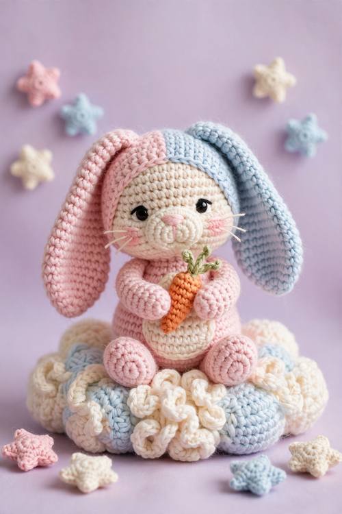 A crocheted bunny holding a tiny carrot, sitting on a crocheted cloud, small yarn stars around it, no text. Vertical, eye level. Soft pink, cream and baby blue on a lilac backdrop. Sweet. Amigurumi crochet photo: little 3D toys and objects crocheted from soft cotton yarn in tight single-crochet stitches, visible V-stitch rows and slightly fuzzy fibers, small black safety-pin eyes and stitched pink blush, chunky rounded shapes, pastel yarn colors, a seamless pastel backdrop, soft diffused studio light. Handmade, cute and cozy.