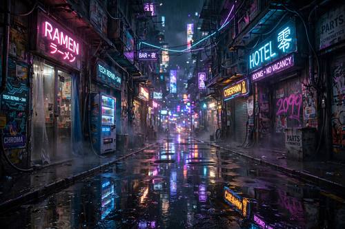 Cyberpunk rain-soaked alley at night, glowing neon signs, reflections on wet pavement, cinematic sci-fi mood