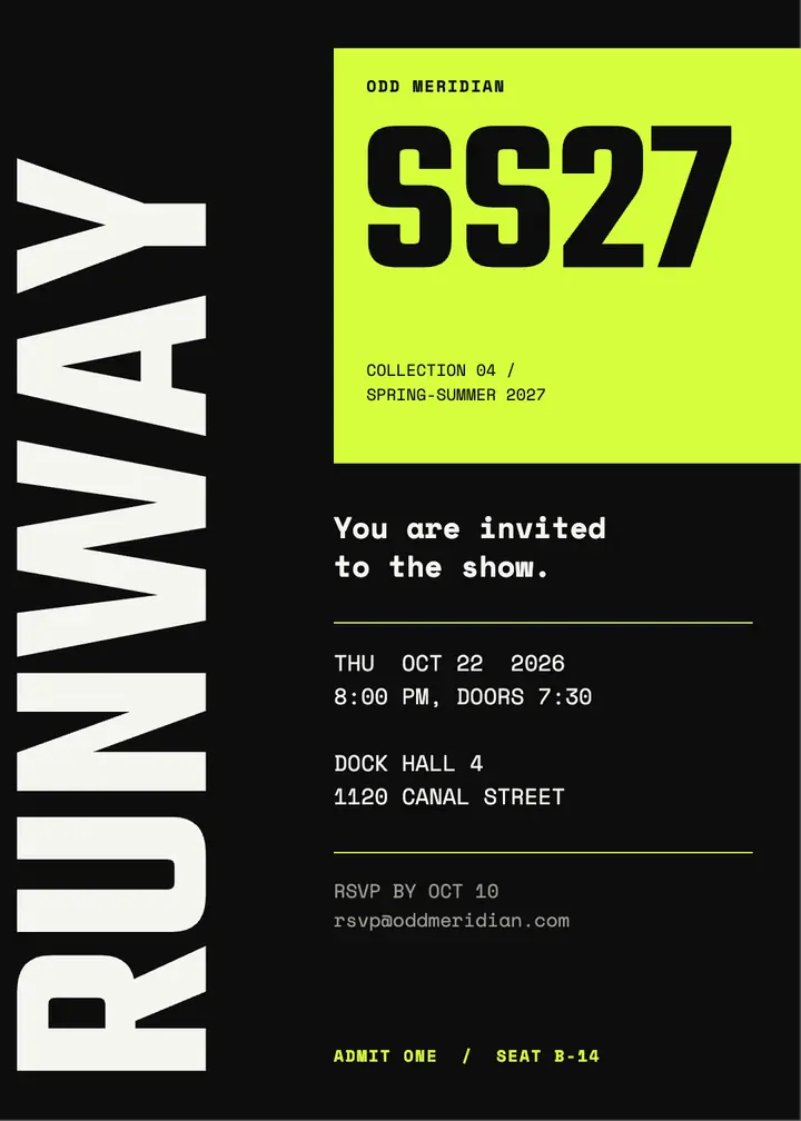 Off-grid runway fashion show invitation template