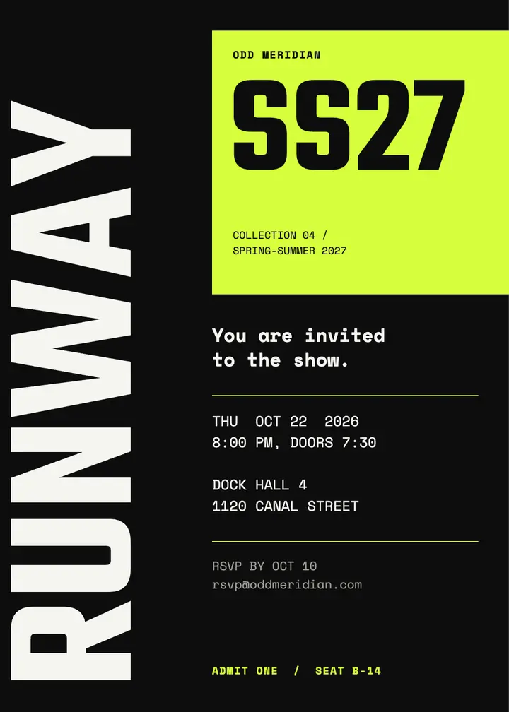 Off-grid runway fashion show invitation template